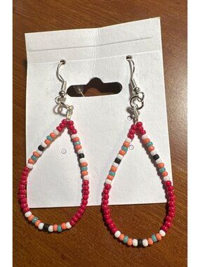 Handmade Beaded Teardrop Hoop Dangle Earrings 2" Stainless Steel Seed Bead Red